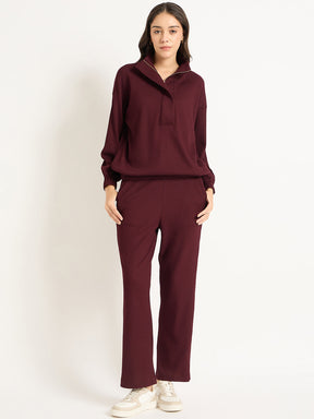 Wine Waffle Knit Zip Up Co-Ord Set