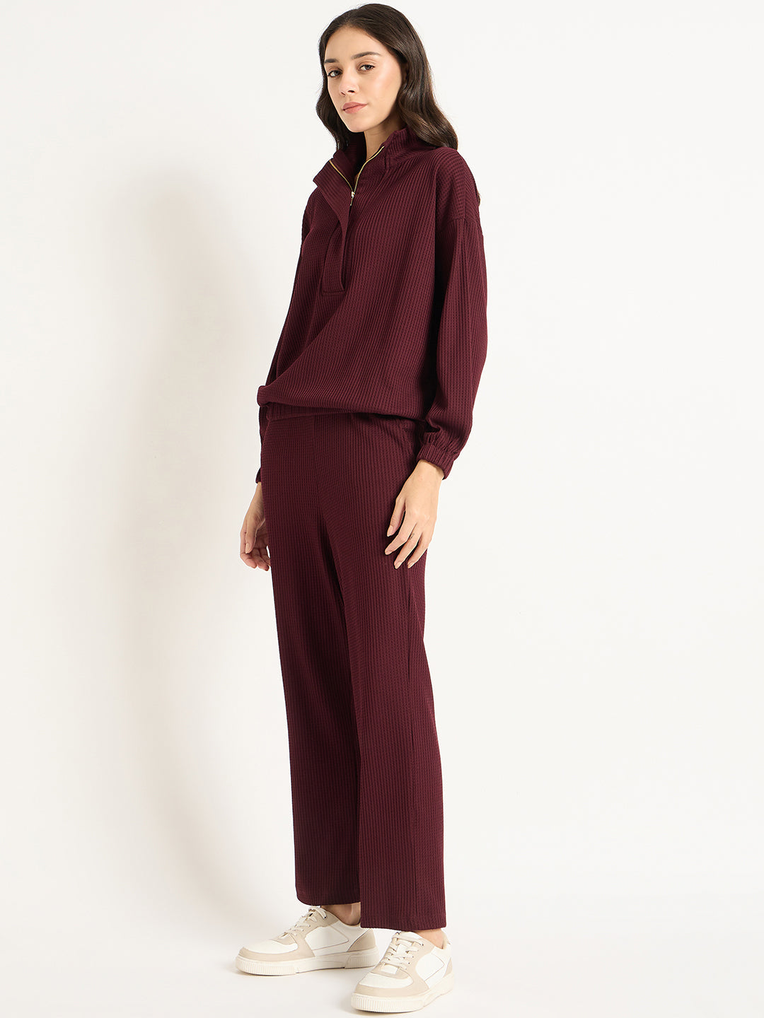 Wine Waffle Knit Zip Up Co-Ord Set