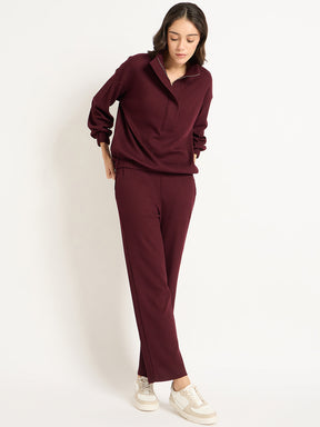 Wine Waffle Knit Zip Up Co-Ord Set