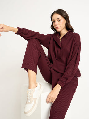 Wine Waffle Knit Zip Up Co-Ord Set