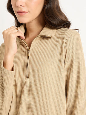 Beige Waffle Knit High Neck Co-Ord Set