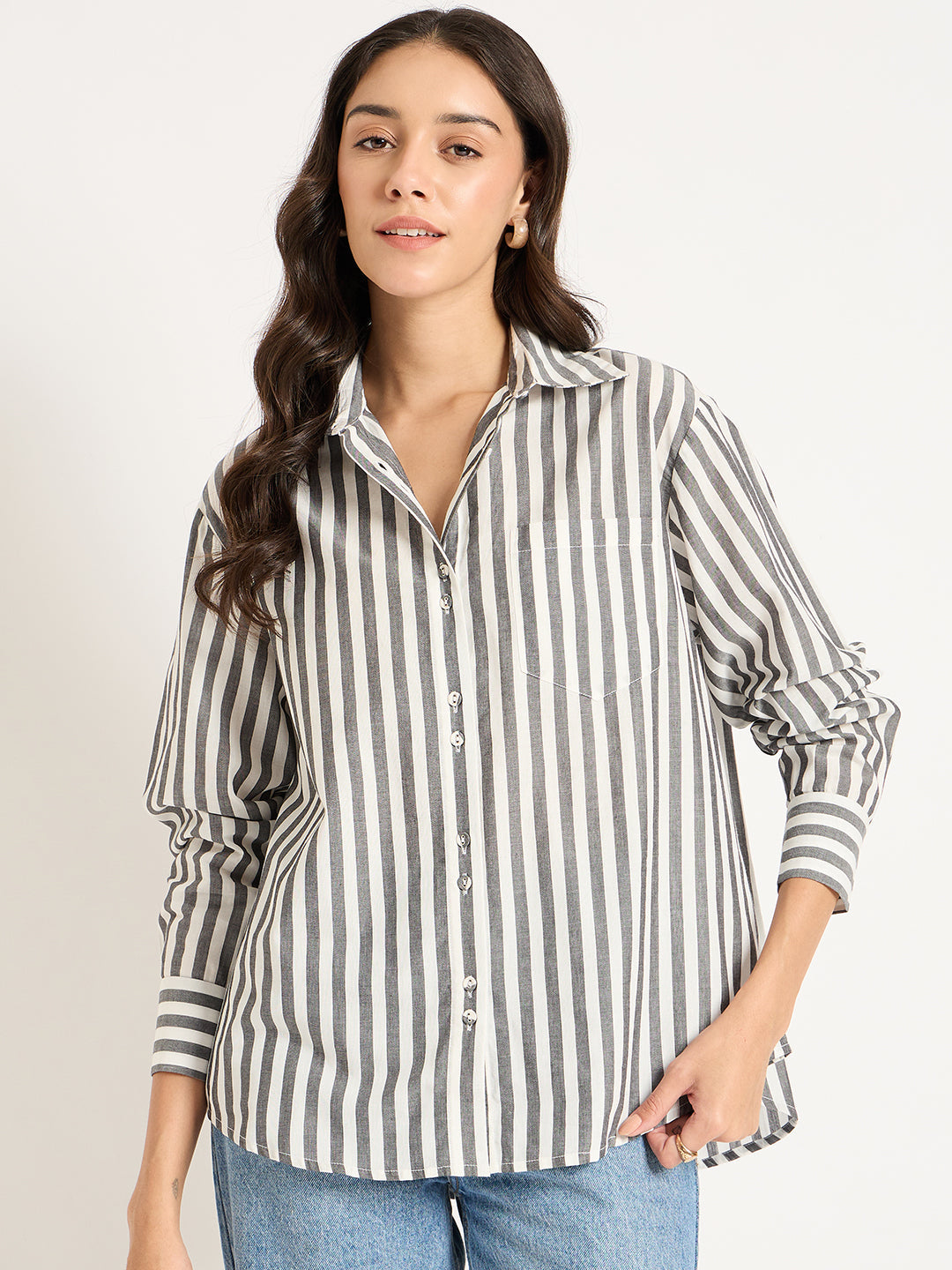 Black And White Button Down Stripe Shirt