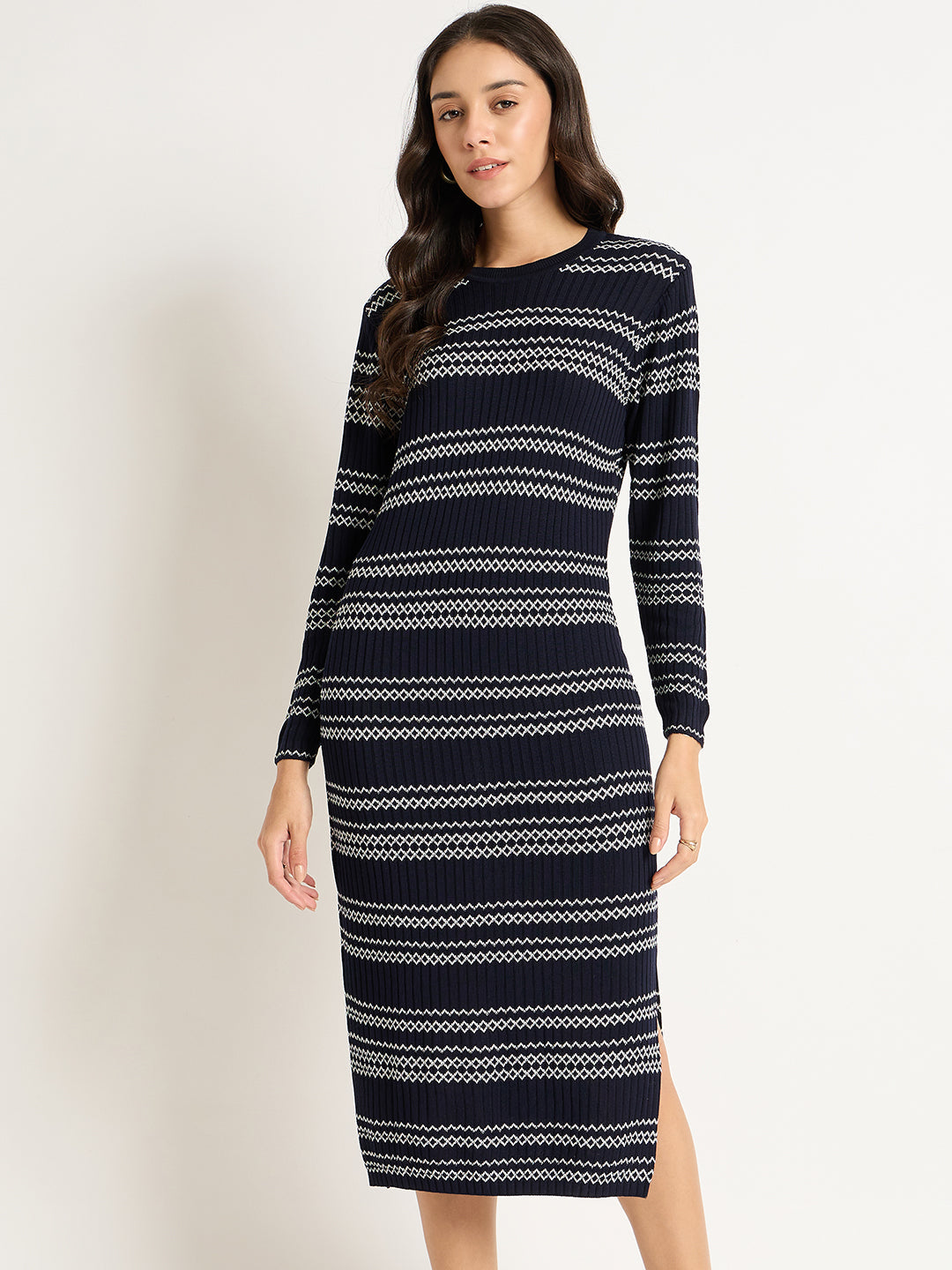 Navy And White Straight Fit Knitted Dress