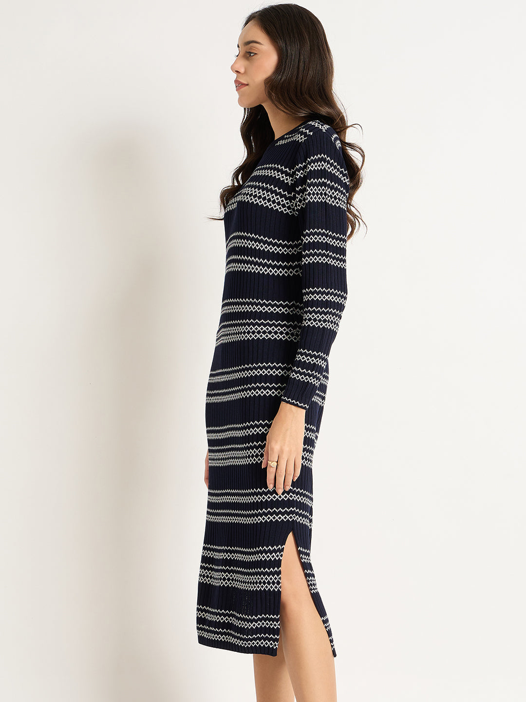 Navy And White Straight Fit Knitted Dress