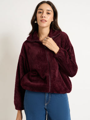 Wine Zip-Up Fur Jacket