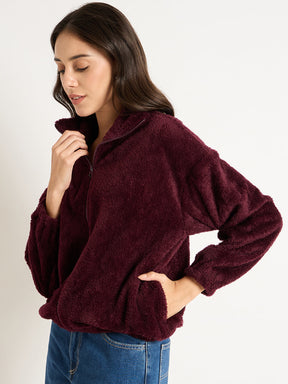 Wine Zip-Up Fur Jacket