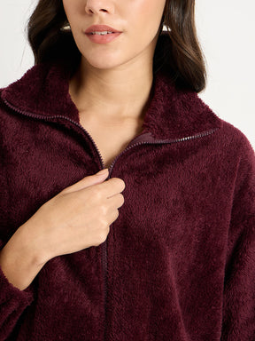 Wine Zip-Up Fur Jacket