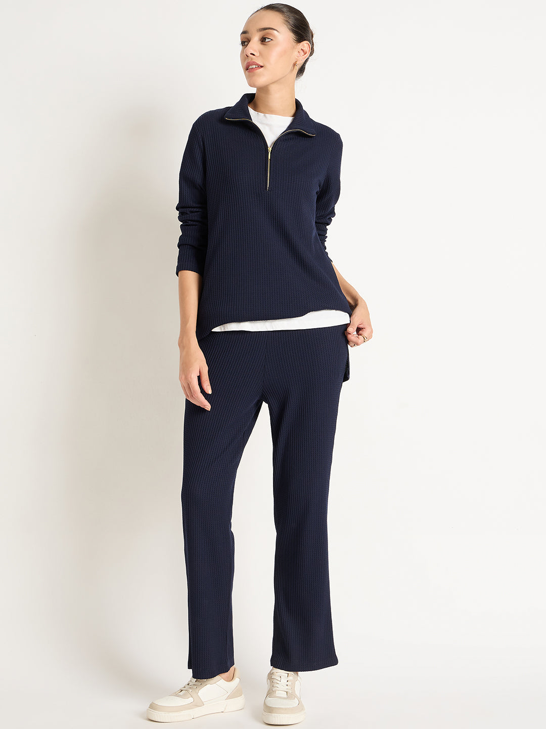 Navy Waffle Knit High Neck Co-Ord Set