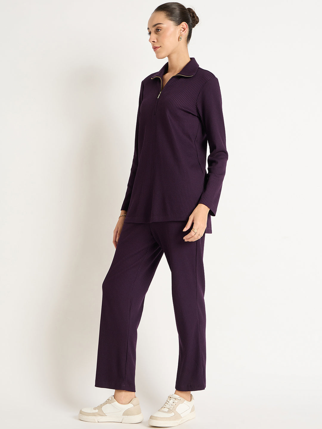 Deep Purple Waffle Knit High Neck Co-Ord Set