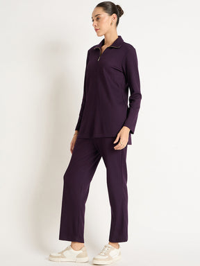 Deep Purple Waffle Knit High Neck Co-Ord Set