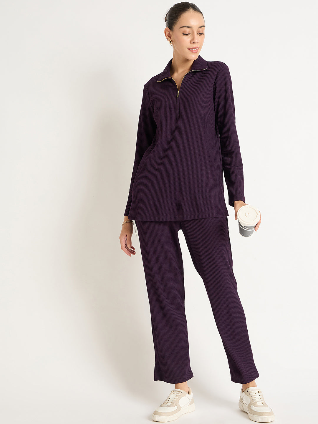 Deep Purple Waffle Knit High Neck Co-Ord Set