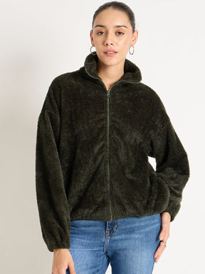 Olive Zip-Up Fur Jacket