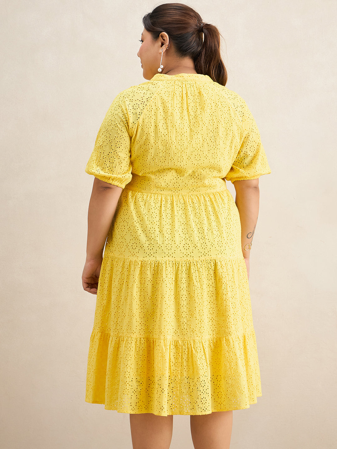 Yellow Cotton Schiffli Button Down Midi Dress