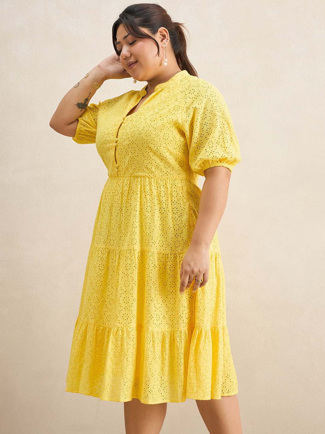 Yellow Cotton Schiffli Button Down Midi Dress