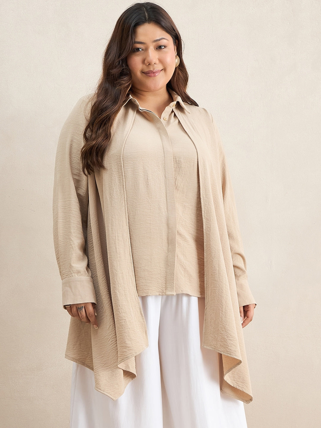 Beige Asymmetric Button Down Shirt