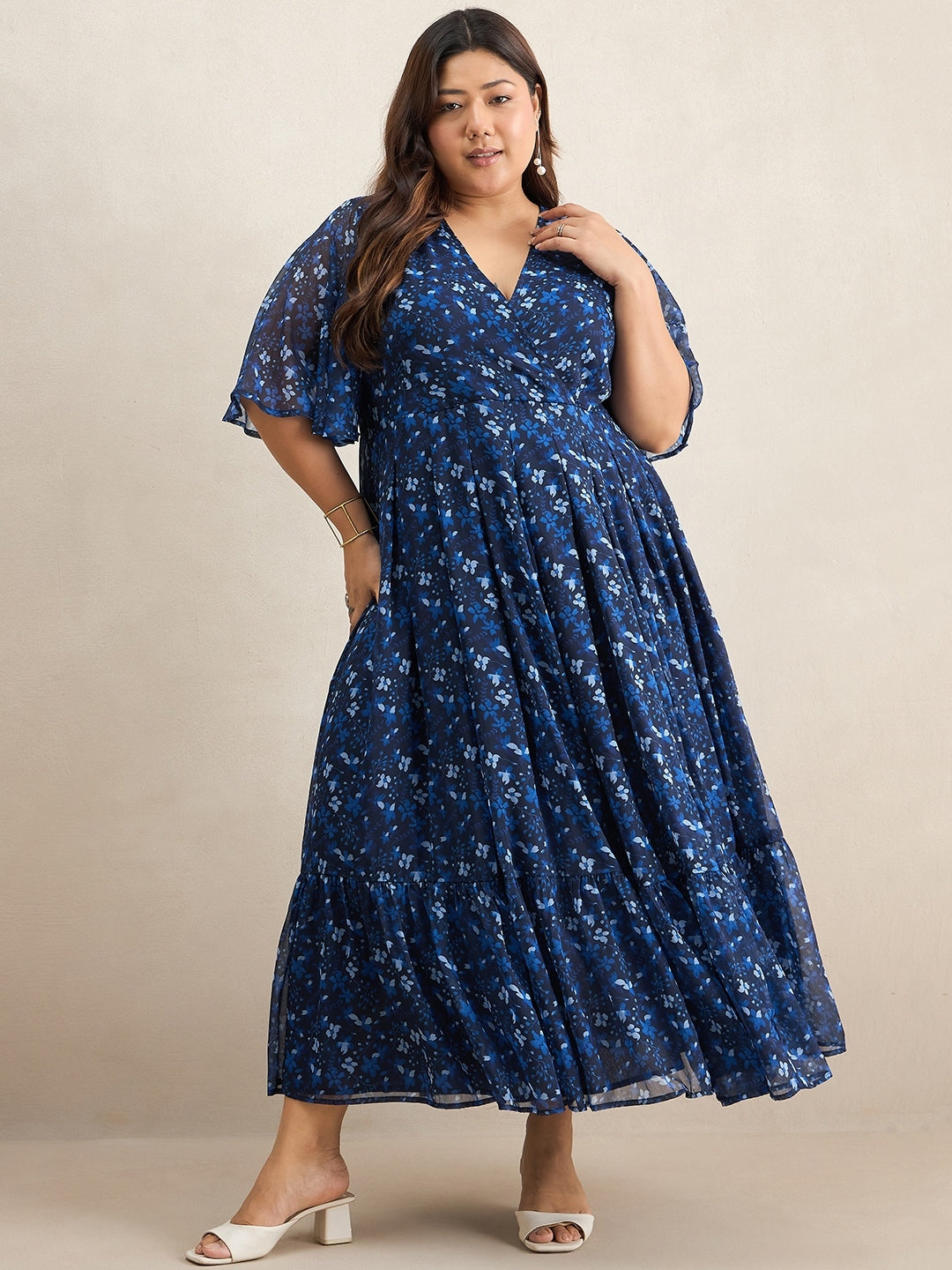 Navy Floral Print Tiered Maxi Dress