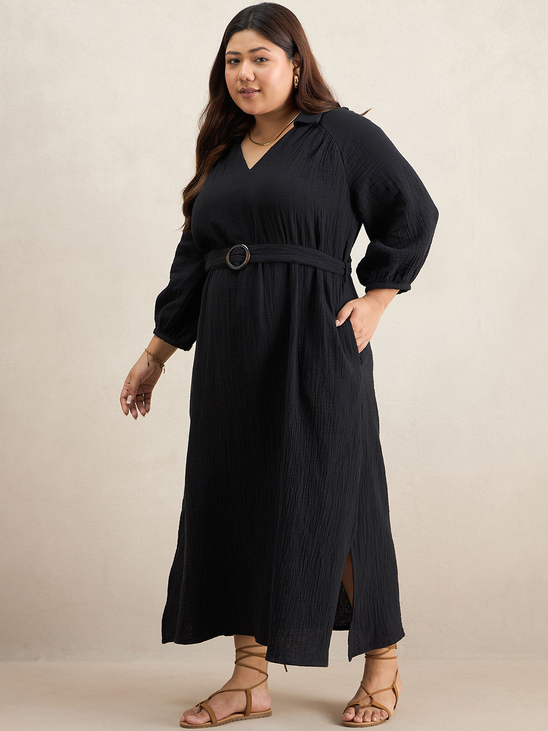 Black Cotton Collar Neck Maxi Dress