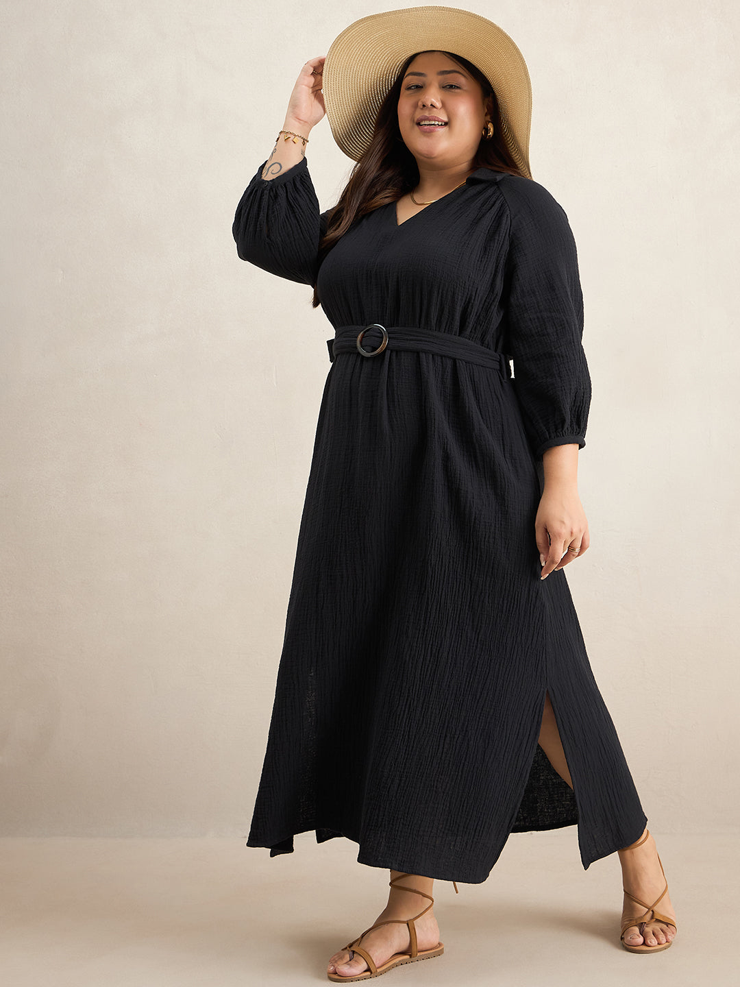 Black Cotton Collar Neck Maxi Dress