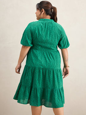 Green Cotton Schiffli Button Down Midi Dress