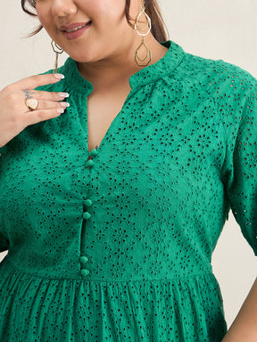 Green Cotton Schiffli Button Down Midi Dress