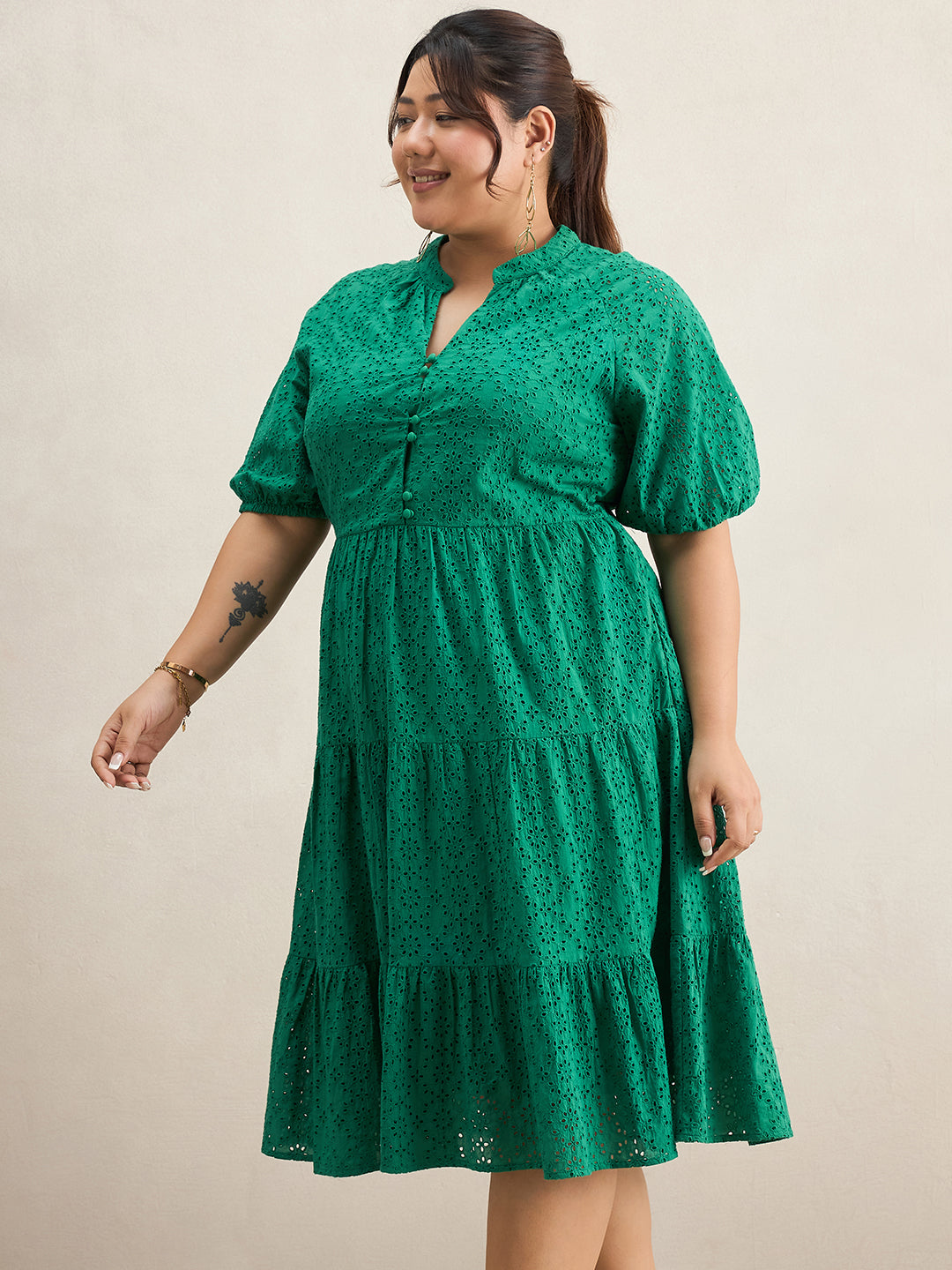 Green Cotton Schiffli Button Down Midi Dress