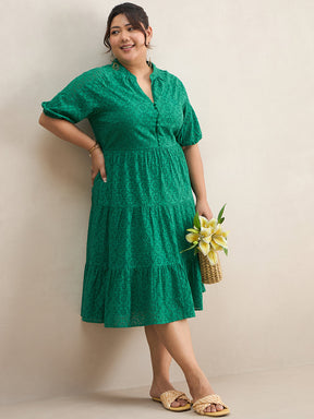 Green Cotton Schiffli Button Down Midi Dress