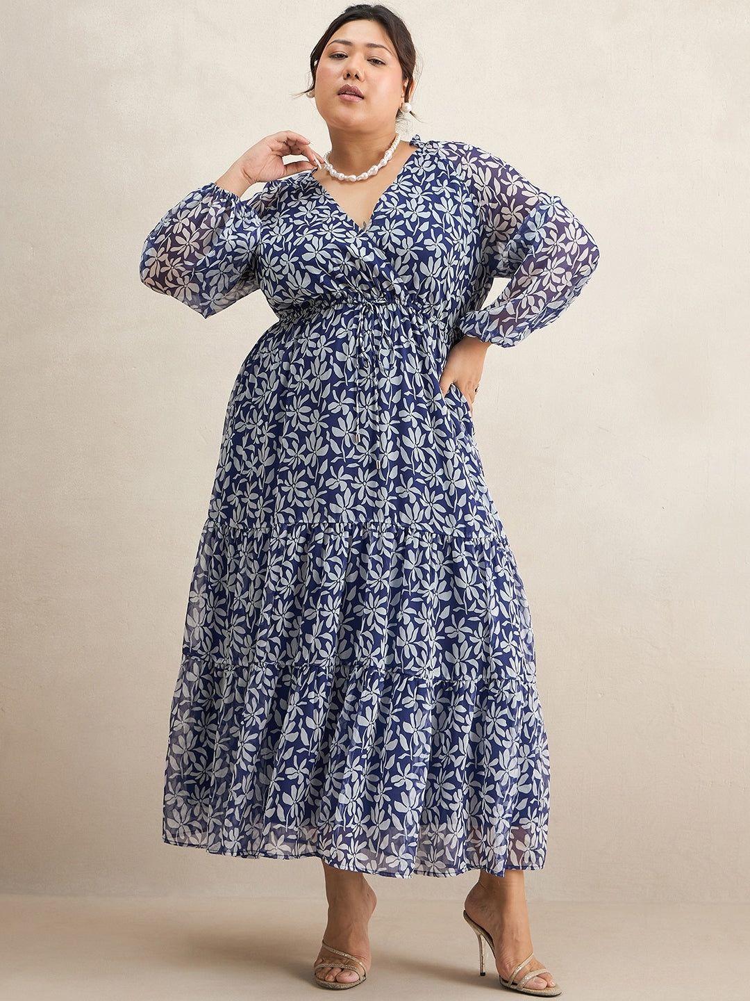 Blue Floral Print Tiered Maxi Dress