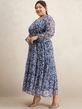 Blue Floral Print Tiered Maxi Dress