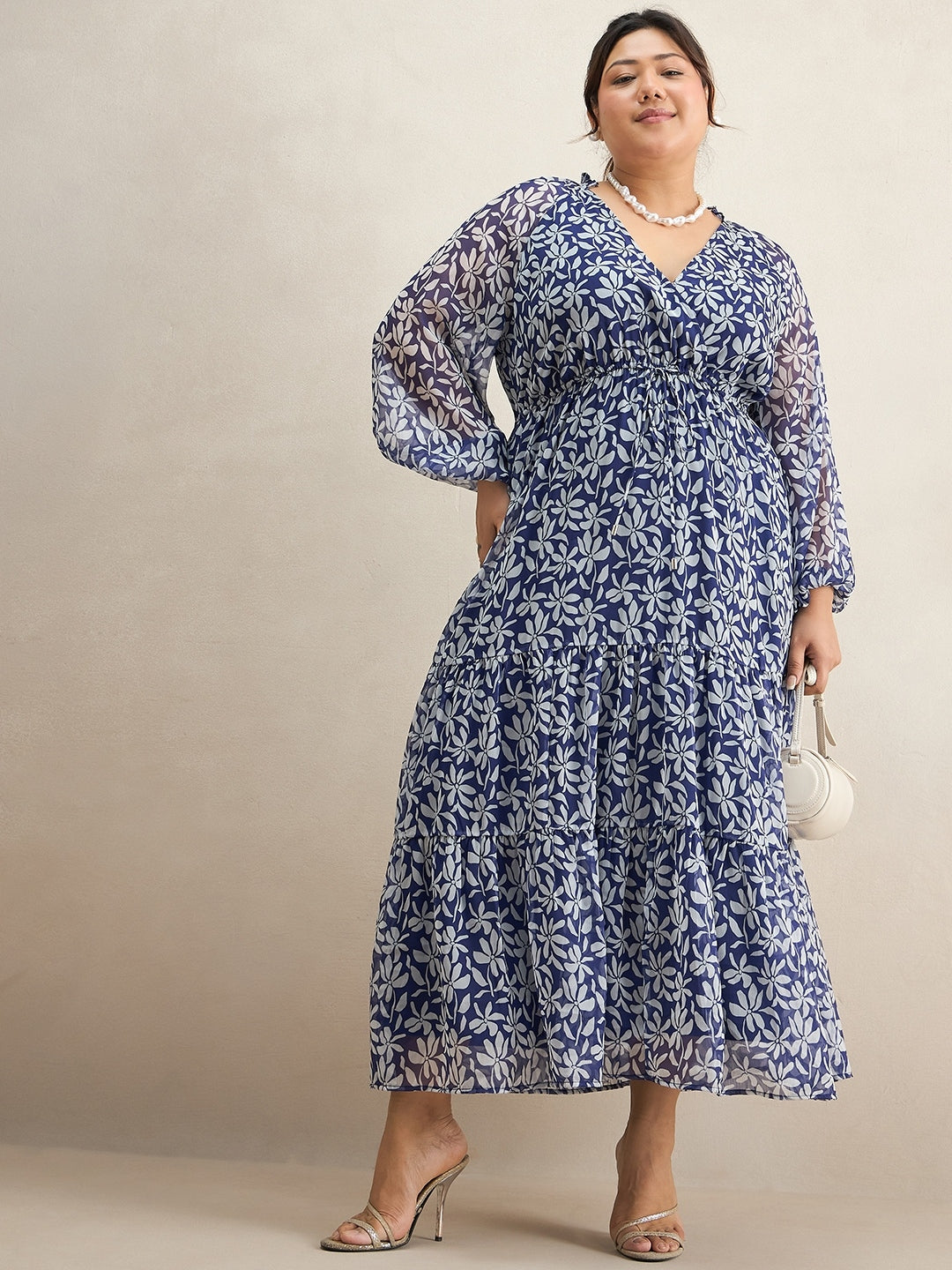 Blue Floral Print Tiered Maxi Dress