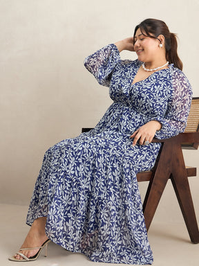 Blue Floral Print Tiered Maxi Dress