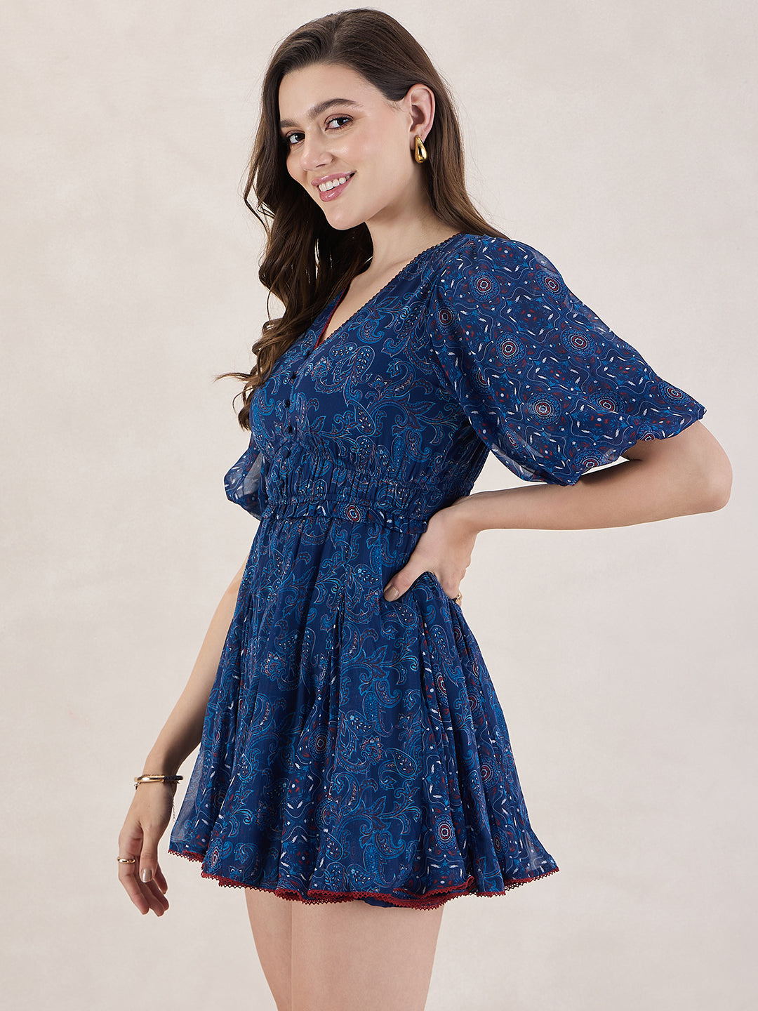 Navy Paisley Printed Mini Dress