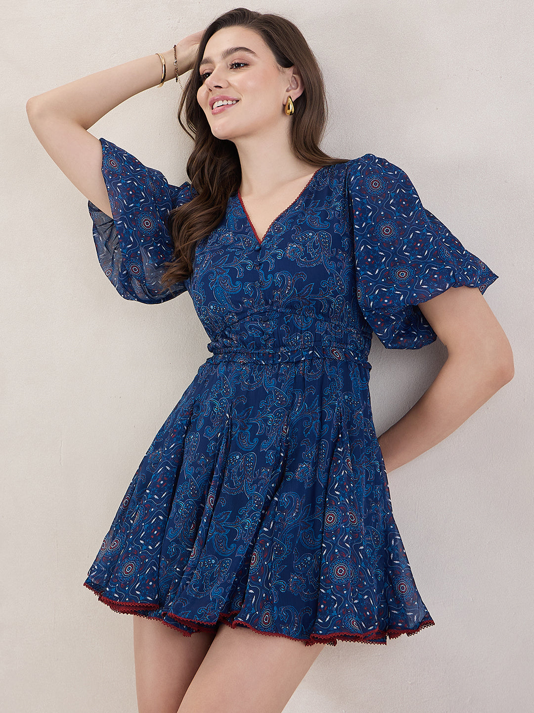 Navy Paisley Printed Mini Dress