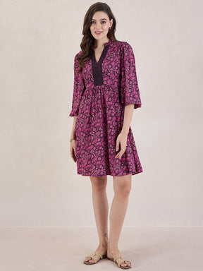 Wine Paisley Print Lace Knee Length Dress