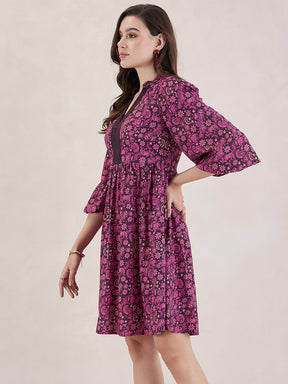 Wine Paisley Print Lace Knee Length Dress