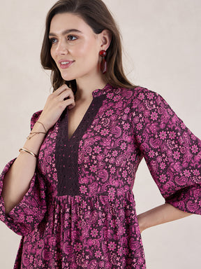 Wine Paisley Print Lace Knee Length Dress