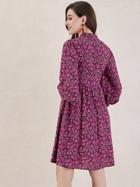 Wine Paisley Print Lace Knee Length Dress