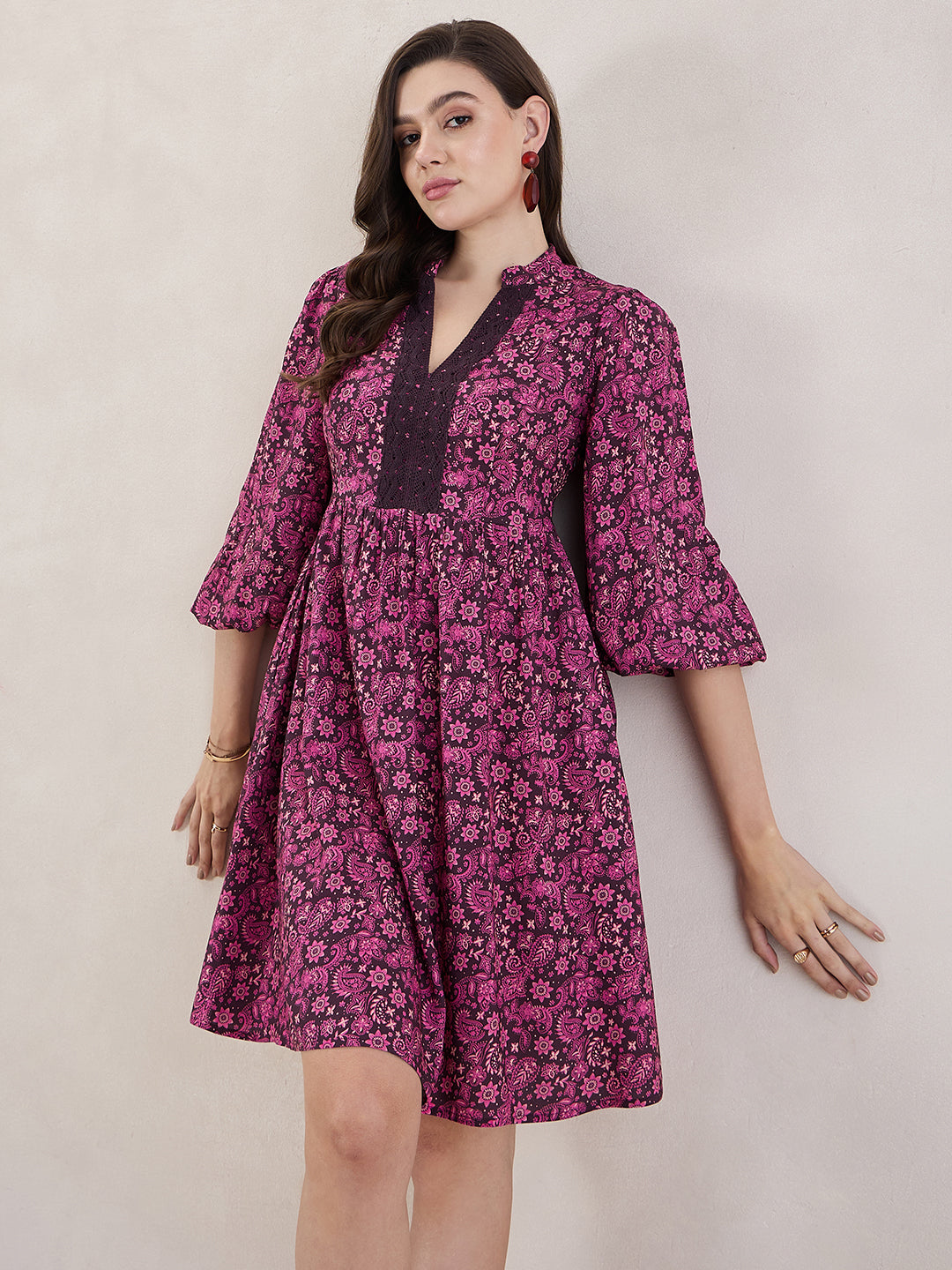 Wine Paisley Print Lace Knee Length Dress