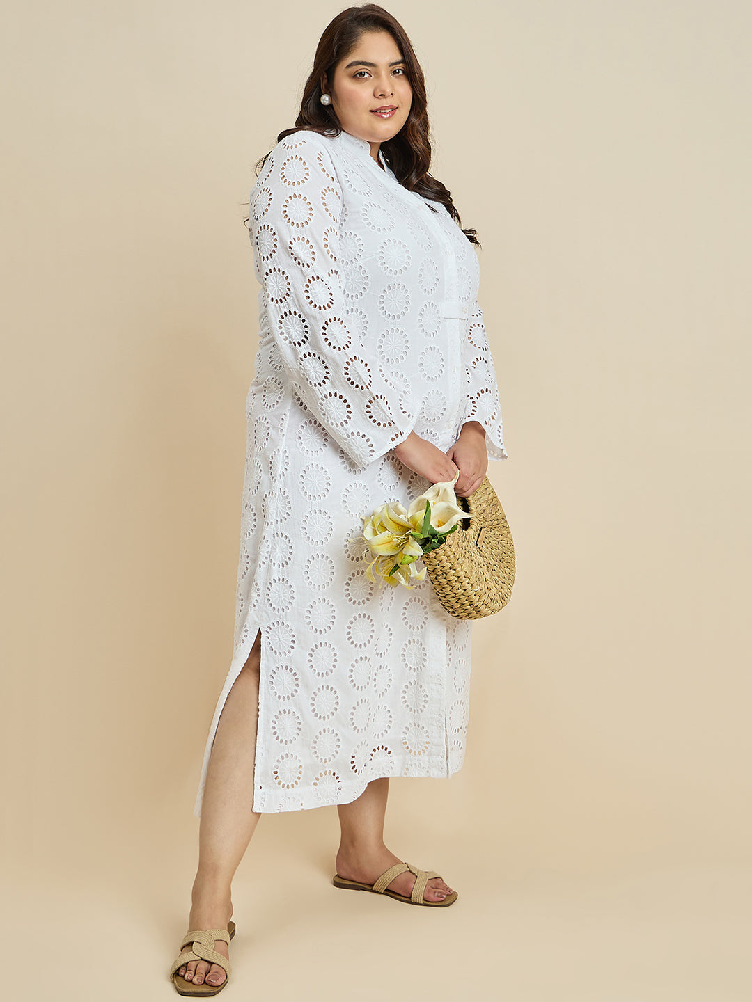 White Cotton Schiffli Shirt Maxi Dress