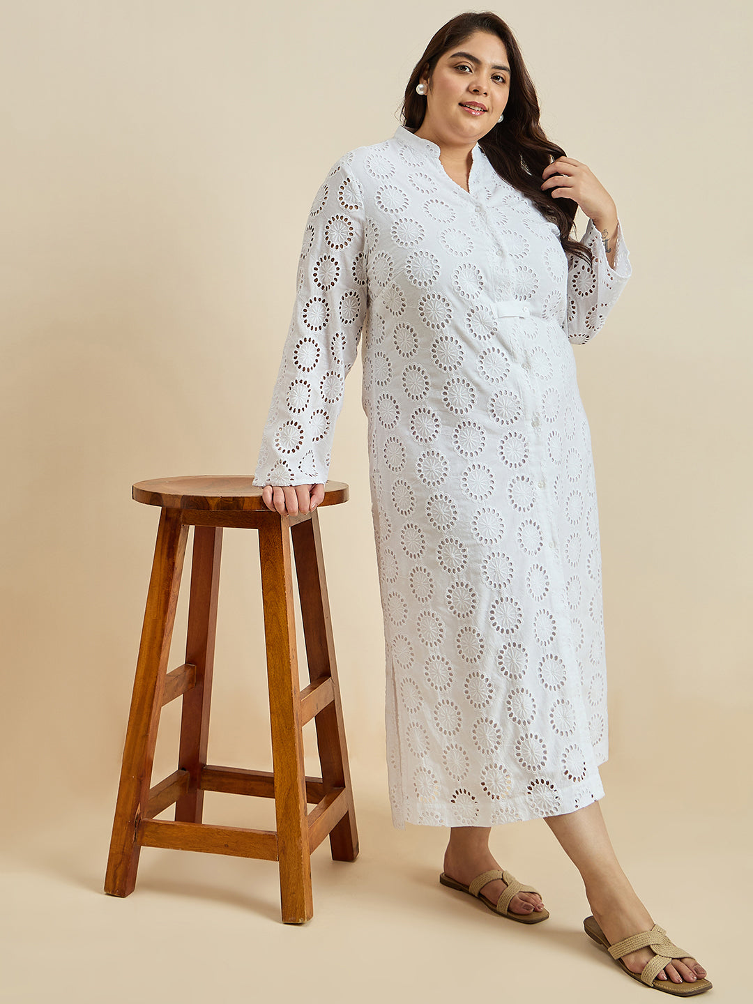 White Cotton Schiffli Shirt Maxi Dress