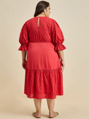 Red Cotton Schiffli Tiered Midi Dress