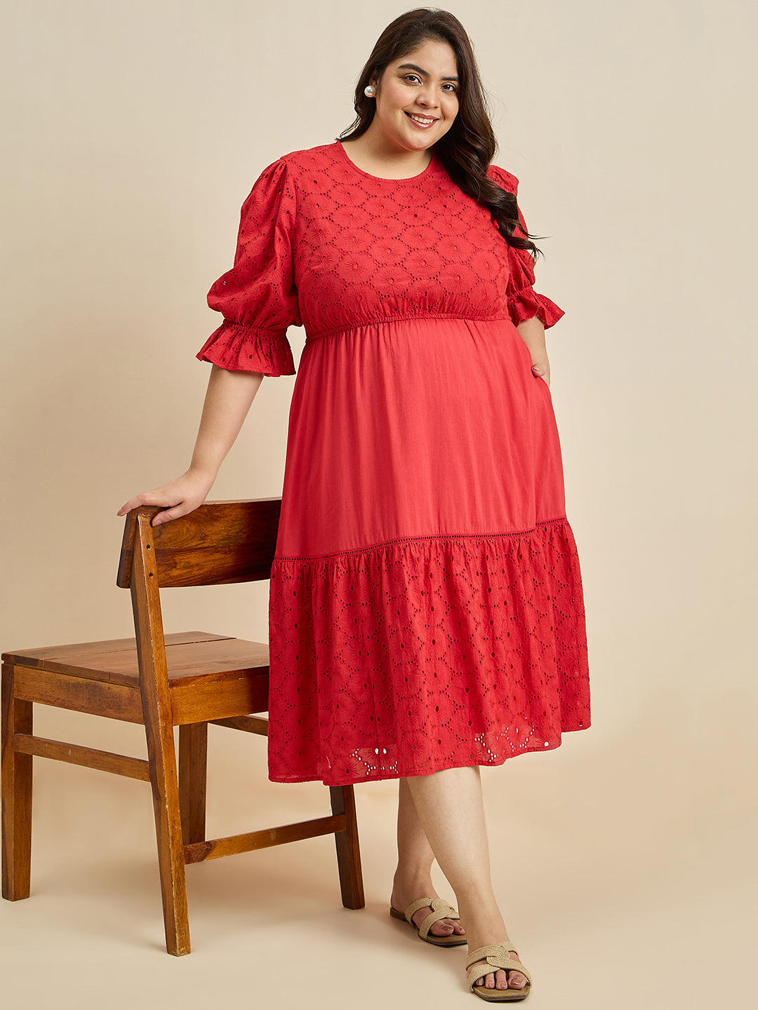 Red Cotton Schiffli Tiered Midi Dress