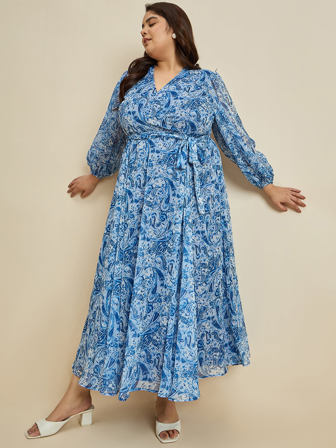 Blue And White Paisley Print Wrap Maxi Dress