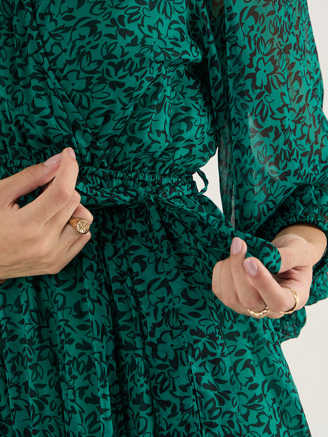 Green And Black Floral Print Wrap Maxi Dress