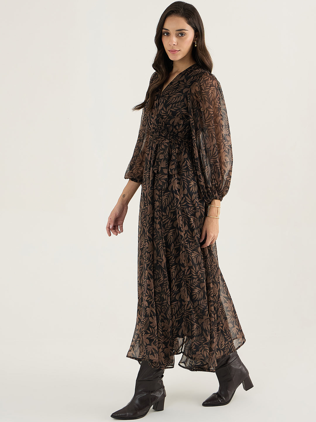 Black Leaf Print Wrap Maxi Dress