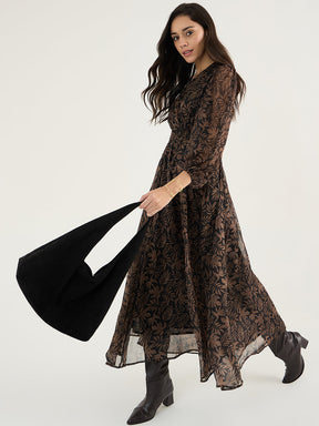 Black Leaf Print Wrap Maxi Dress