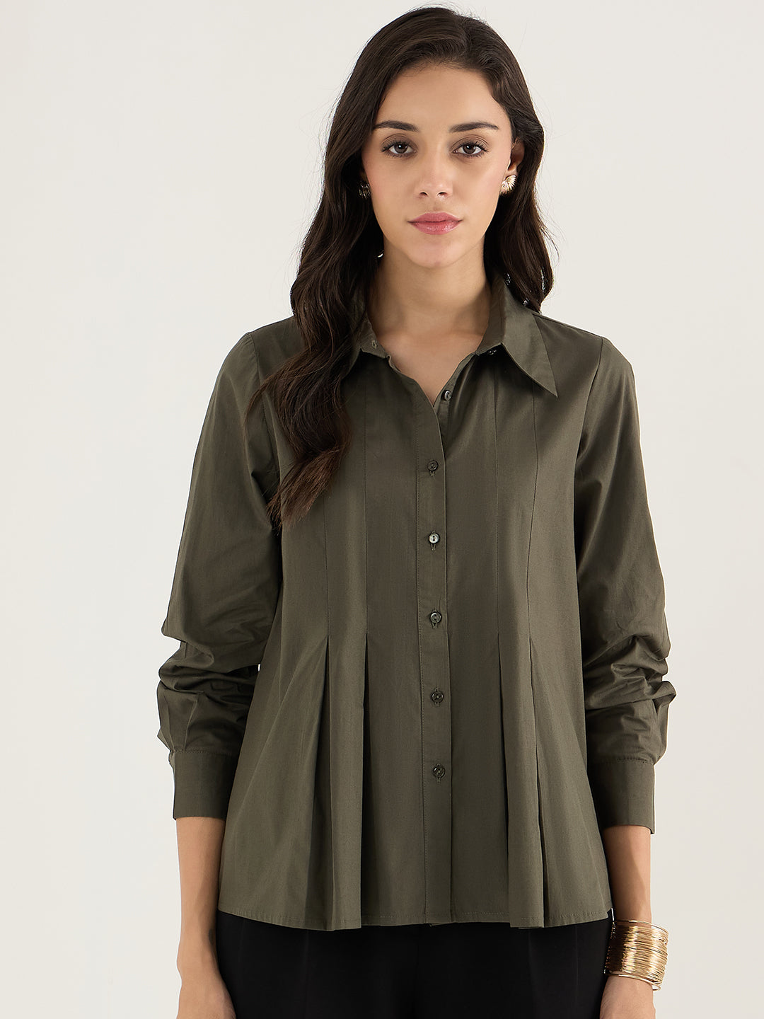 Olive Pleated Aline Poplin Shirt