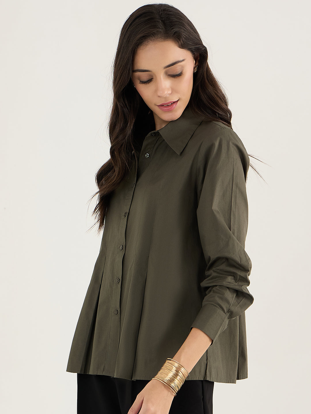 Olive Pleated Aline Poplin Shirt