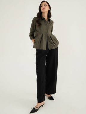 Olive Pleated Aline Poplin Shirt