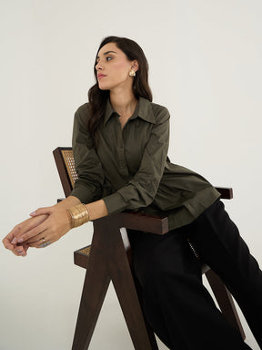 Olive Pleated Aline Poplin Shirt