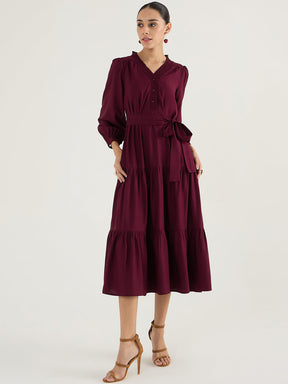 Wine Smocking Detailed Tiered Maxi Dress